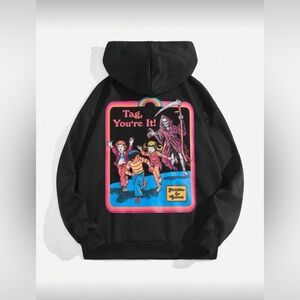 Black Zip Up Hoodie with Retro 'Tag, You're It!' Steven Rhodes Theme Back Print